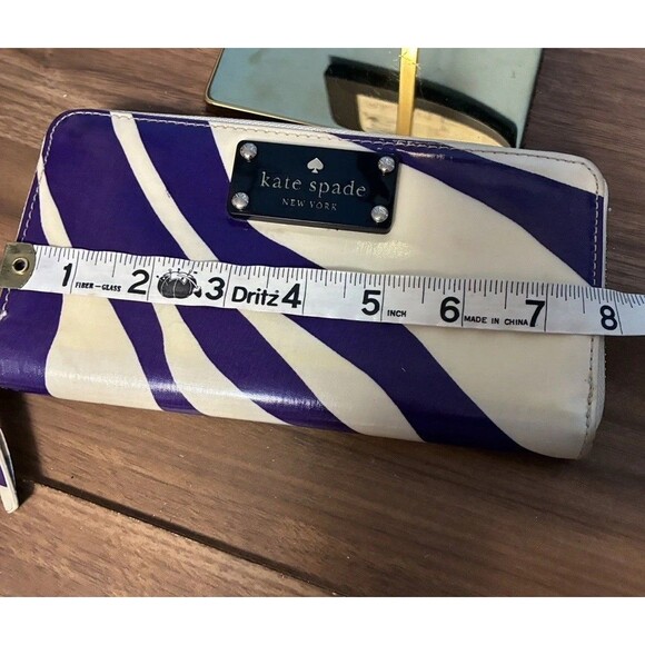 Kate Spade Zip around Wallet Patent Leather Purple Cream Zebra Stripes - Picture 14 of 15
